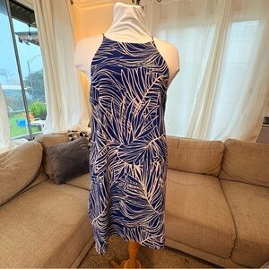 Mahina Blue and White Leaf Print Midi Dress